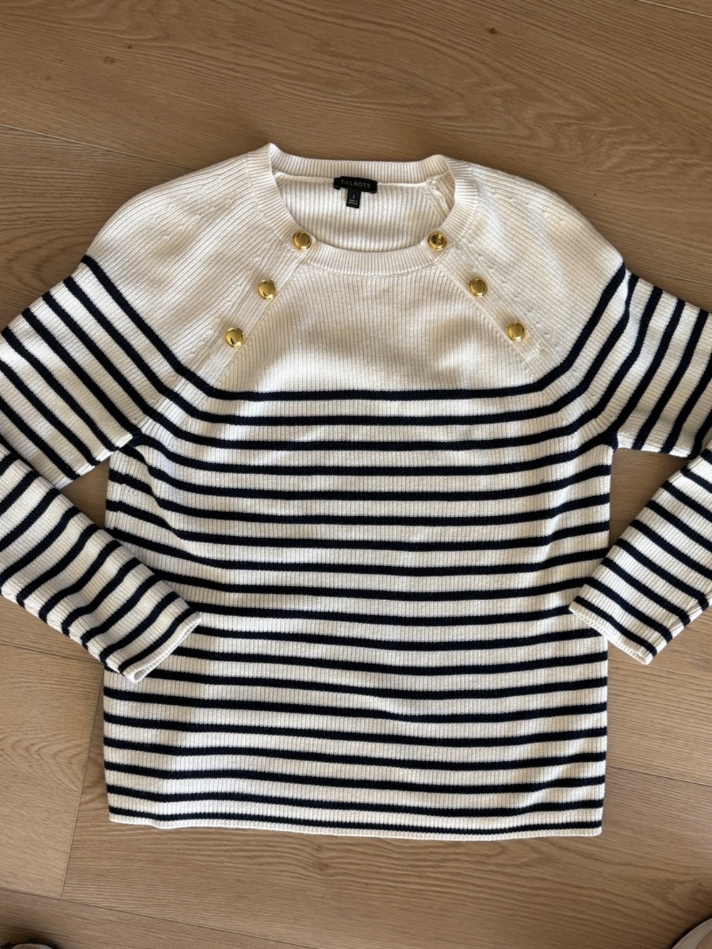 Talbots Striped Navy and White Button-Shoulder Sweater size large